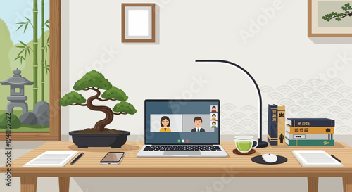 Home office desk with laptop video call, bonsai tree, and Japanese garden view
