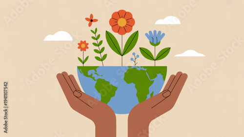 Hands cradling earth globe with blooming flowers and green leaves against a beige background with white clouds symbolizing environmental care and sustainability