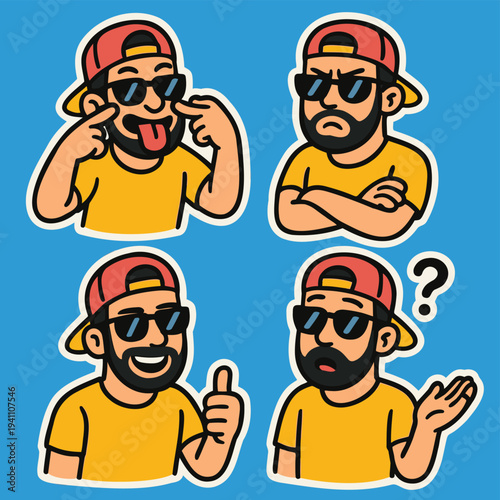 Cool Cartoon Street Character Stickers Set Showing Four Emotions and Gestures With Backwards Cap