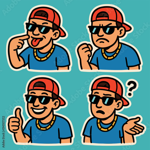 Cool Cartoon Street Character Stickers Set Showing Four Emotions and Gestures With Backwards Cap