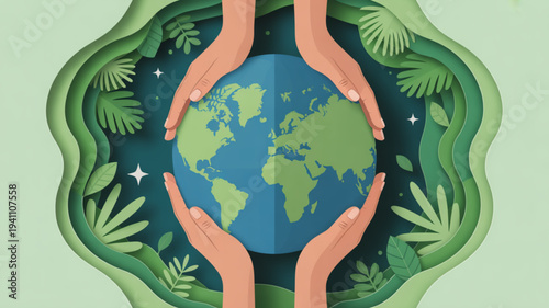 Hands holding the earth globe surrounded by green leaves and plants symbolizing environmental protection and care
