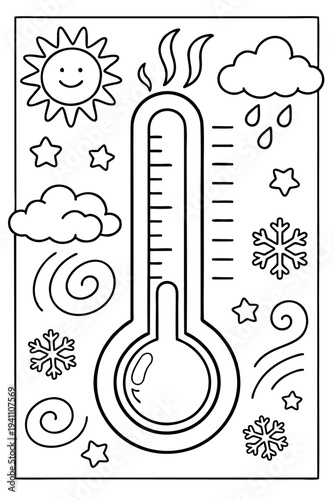 Weather thermometer measuring various temperatures with sun, clouds, rain, snow, and wind symbols in a children's animation style video clip on white background. on white background