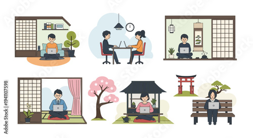 Japanese Lifestyle: People Working Remotely in Traditional and Modern Settings