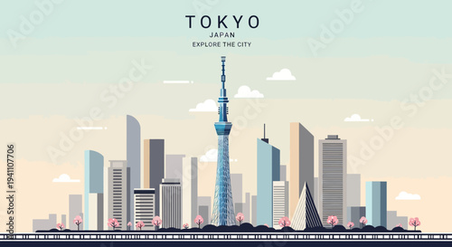 Tokyo Skyline with Tokyo Skytree and Cherry Blossoms, Japan Cityscape