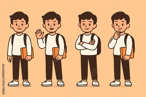 Set of four cartoon illustrations of a student boy with backpack and book showing different gestures—standing, waving hello, arms crossed confidently, and thinking pose—isolated on beige background.