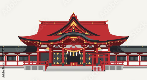 Traditional Japanese Shrine Architecture, Red and Gold Pagoda Style Building
