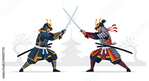 Two Samurai Warriors in Epic Battle, Swords Crossed, Traditional Armor, Japanese Culture