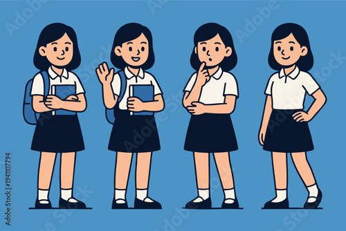 Set of four cartoon illustrations of a student girl with backpack and book showing different gestures—standing, waving hello, arms crossed confidently, and thinking pose—isolated on beige background.