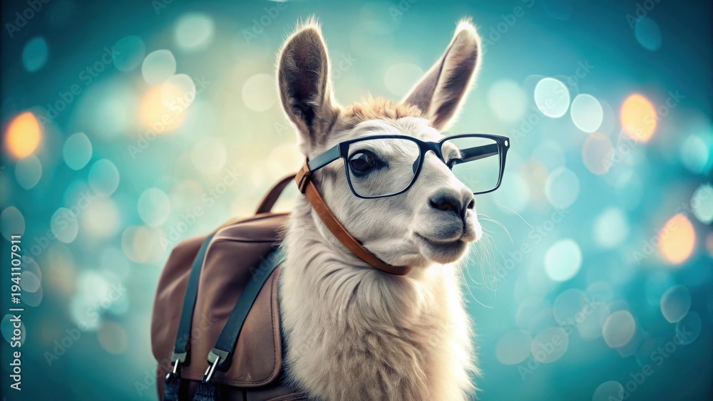 Fototapeta premium A photo of a llama wearing glasses and a backpack against a light blue background