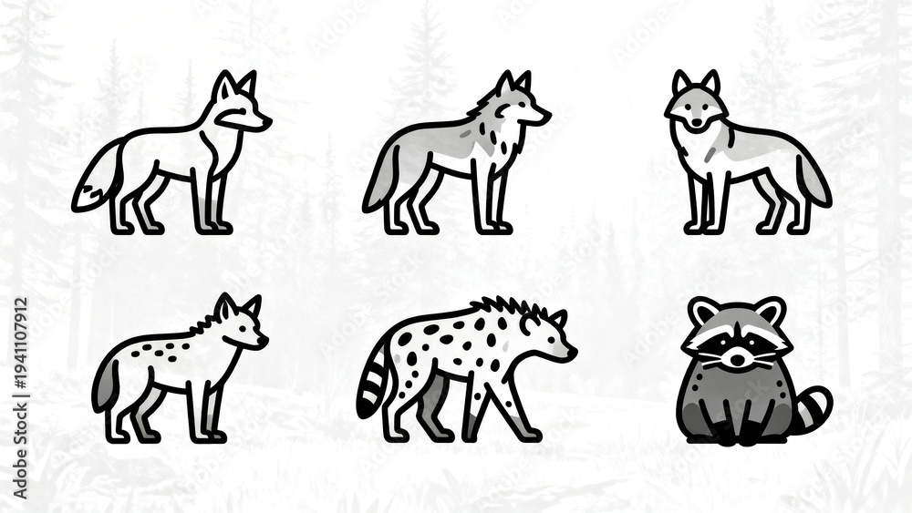 Fototapeta premium Collection of wild animal outline icons featuring zoo and safari species in minimal line style. Ideal for educational projects, children’s materials, nature themes, and modern interface graphics.
