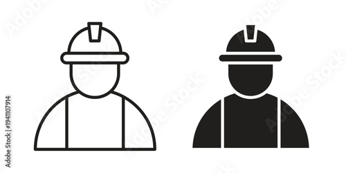 Construction worker icon, line pictogram on white.
