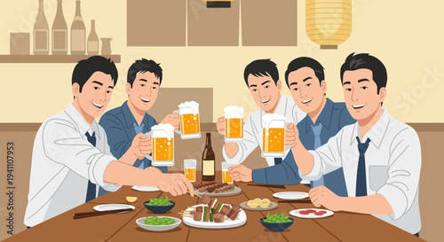 Japanese businessmen enjoying beer and food at a casual izakaya gathering