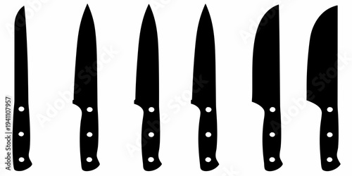 A collection of various kitchen knives shown in black silhouette
