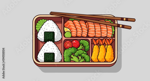 Pixel Art Bento Box Lunch with Salmon, Sushi, Shrimp Tempura, and Vegetables