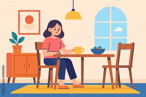 Flat style illustration of a woman relaxing in a cozy living room, sitting in an armchair beside a table with a coffee mug, window, shelf, and houseplant, creating a calm home interior scene.