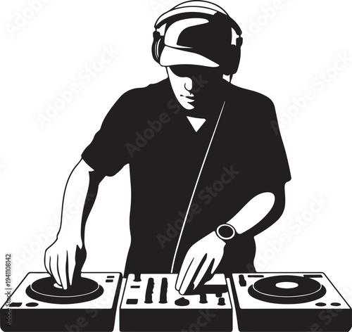 Silhouette of DJ mixing music on turntables. Clipart image isolated on background.