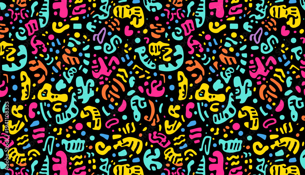 Fototapeta premium Colorful pop art style abstract illustration featuring expressive cartoon icons including smiley faces, thumbs up, speech bubble, eye symbol, and geometric shapes in a bold comic pattern.