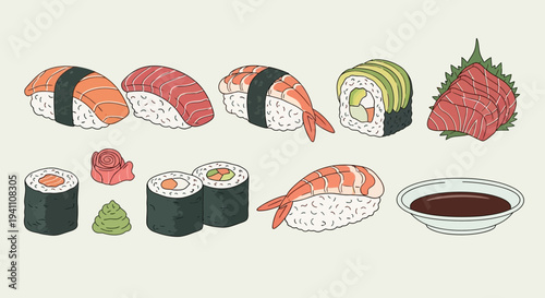 Assortment of Fresh Sushi and Sashimi Dishes on Light Background