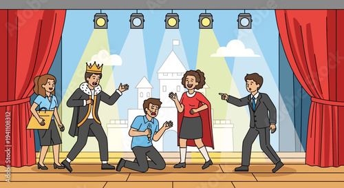 Children's theater play on stage with king, queen, and audience members
