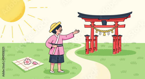 Child in traditional Japanese clothing near a Torii gate, sunny day