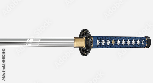 Close-up of a Japanese Katana Sword Hilt and Blade with Blue Handle Wrap