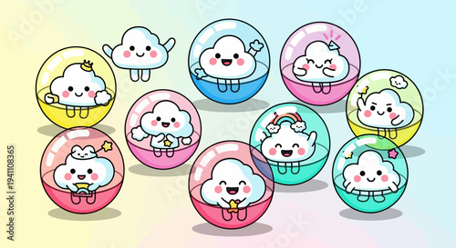 Cute Kawaii Clouds in Capsules, Adorable Weather Characters, Playful Design