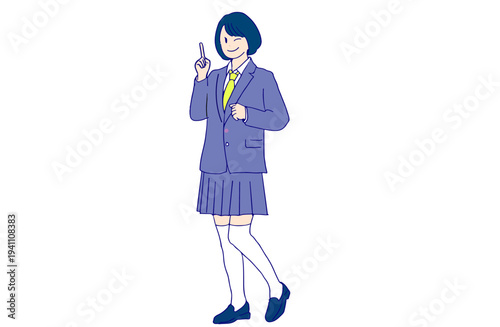 指差しポーズでアドバイスをする女子高生のイラスト　教育と案内　手書きベクター素材