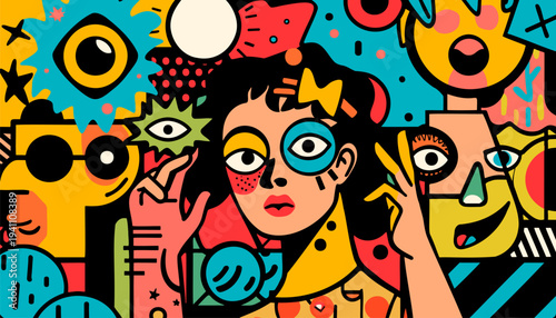 Colorful pop art style abstract illustration featuring expressive cartoon icons including smiley faces, thumbs up, speech bubble, eye symbol, and geometric shapes in a bold comic pattern.