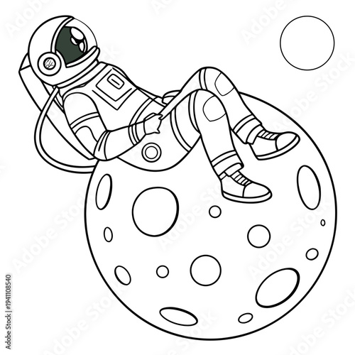 Astronaut character relaxing sitting on moon surface in space outer atmosphere line art drawing exploring cosmic landscape with distant planet star