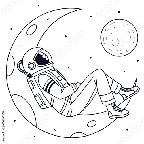 Space explorer astronaut lying inside crescent moon looking at full planet in starry night sky line art illustration for cosmic adventure concept art