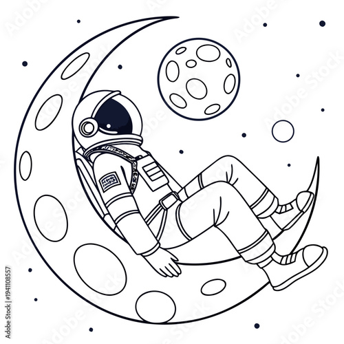 Doodle style astronaut resting on crescent moon with craters and viewing distant planet in starry galaxy space background line art vector illustration