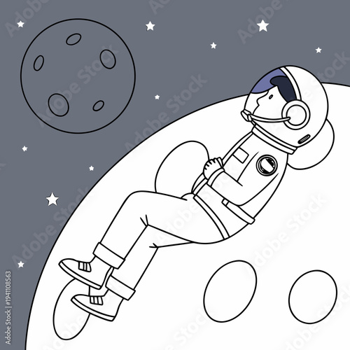 Astronaut relaxing on moon surface coloring page vector illustration with starry sky and another planet in background for children