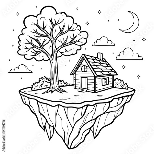 Night time floating island coloring page featuring crescent moon and stars above small house and big tree surrounded by soft clouds for relaxation