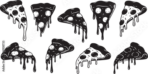 Illustration of melted mozzarella cheese pizza slices in black
