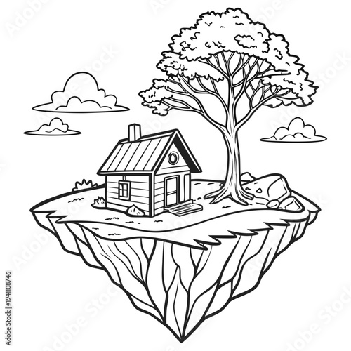 Floating island with a small house and a tree, whimsical fantasy landscape with clouds in sky, unique surreal environment