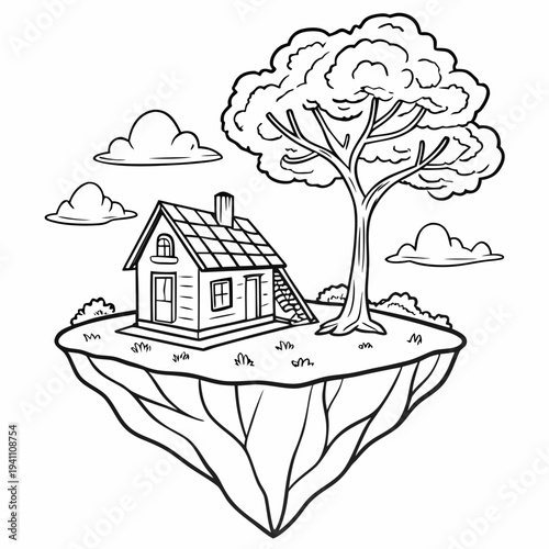 Small house on flying island with large tree, surreal scene with clouds floating in atmosphere, enchanting concept art