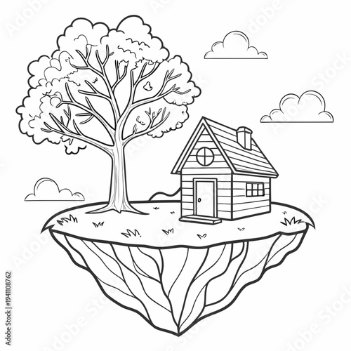 Floating island with a cozy house and a big tree, sky with clouds, unique surreal fantasy illustration and design element