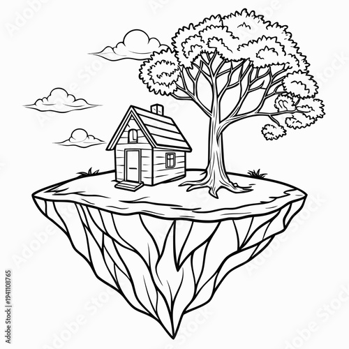 Whimsical floating island carrying a charming house and a big tree, background of clouds, surreal fantasy landscape design