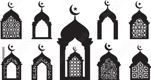 Islamic Architecture Silhouettes with Crescent Moon and Star Details