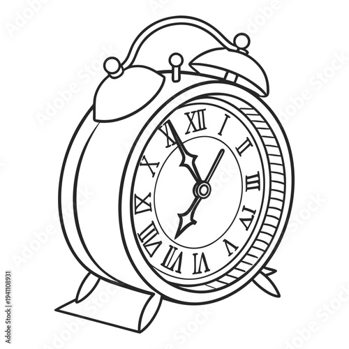 Artistic hand drawn alarm clock illustration showing ten past seven with roman numerals and ornate hands for vintage home decor and timing concepts