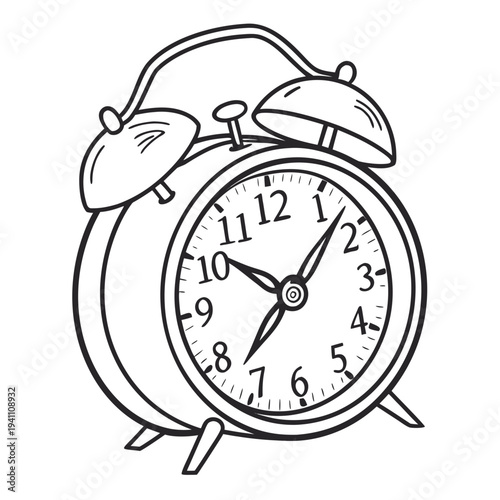 Classic twin bell alarm clock drawing with modern numeric dial and decorative feet for time management concepts in a minimalist black and white art