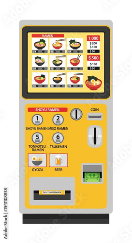 Japanese Ramen Vending Machine with Food Options and Payment Slot