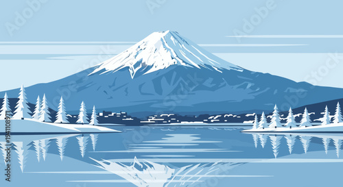 Majestic Mount Fuji in Winter Snow, Serene Lake Reflection, Japanese Landscape