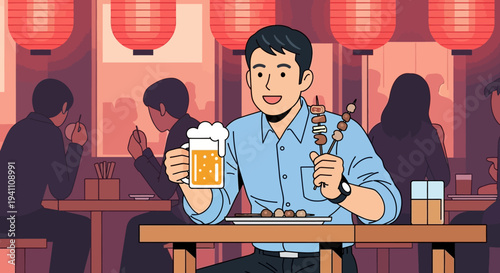 Man enjoying beer and skewers at a Japanese izakaya restaurant