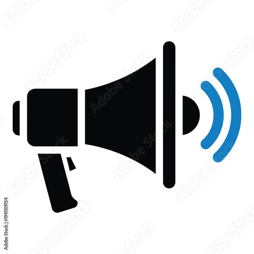 Black megaphone with blue sound waves coming out isolated on white background icon