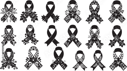 Black awareness ribbons with snowflakes and decorative elements
