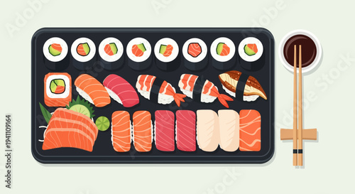 Assortment of Fresh Sushi and Sashimi Platter with Soy Sauce and Chopsticks