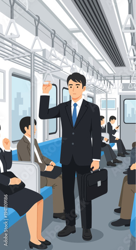 Businessman commuting on crowded train, holding briefcase and standing
