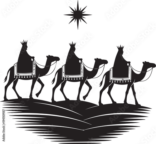 Silhouette Three Kings on Camels with Bethlehem Star – Nativity Epiphany Desert Scene Vector