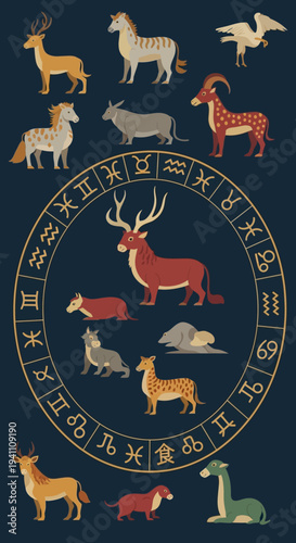 Chinese Zodiac Animals and Astrology Symbols Circle Illustration